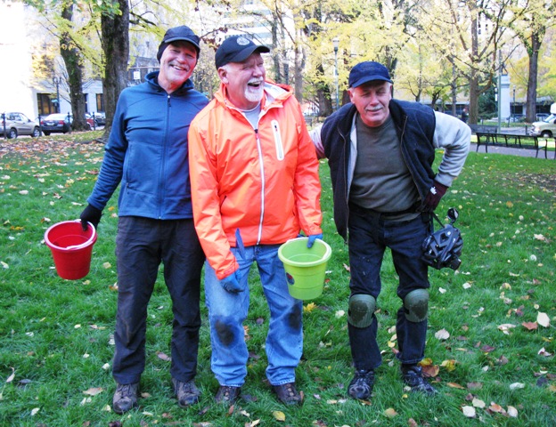 Retired Parkies Fred Nilsen, Bob Downing, and Jim Sjulin at the Plaza Blocks (Chapman and Lownsdale Square)